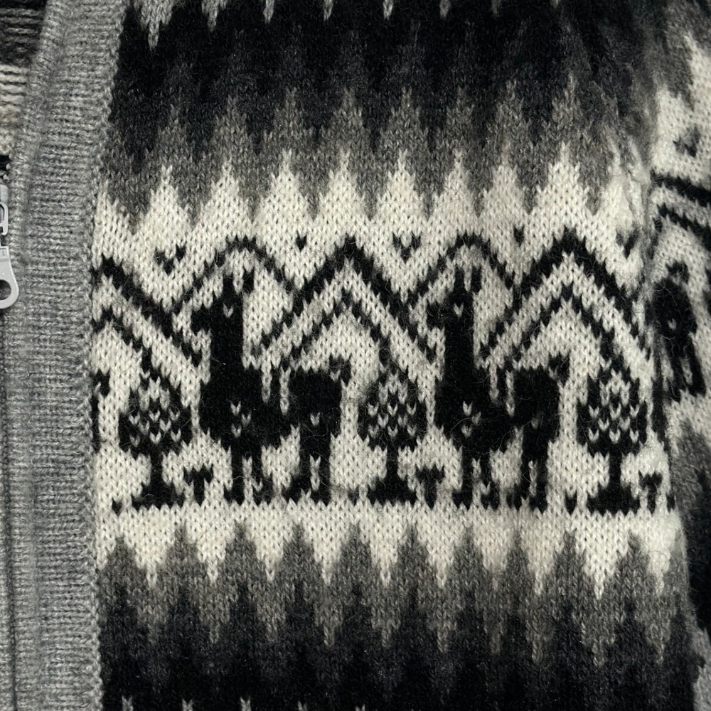 Alpaca Made in Peru Full Zip Cardigan Men Gray Llama Fair Isle Sweater Cozy L - Picture 3 of 6